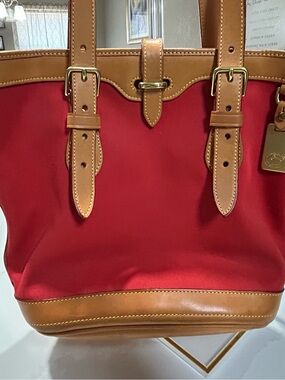 Dooney & Bourke Vintage 90s Cabriolet Canvas Tote Bag Red Tan Made in USA